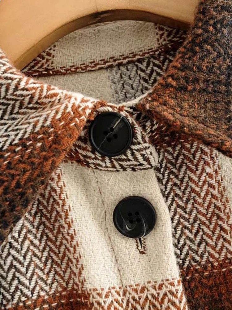 Pocket Lapel Pläd Långärmad Mellanlång Blus