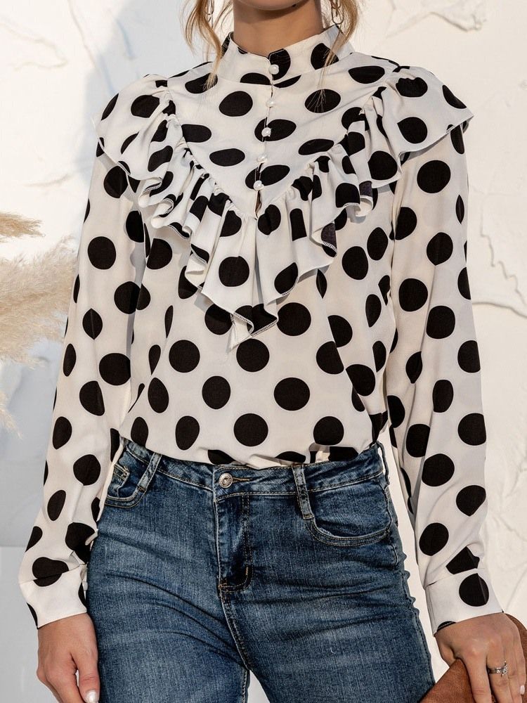 Polka Dots Button Normal Standard Långärmad Damblus