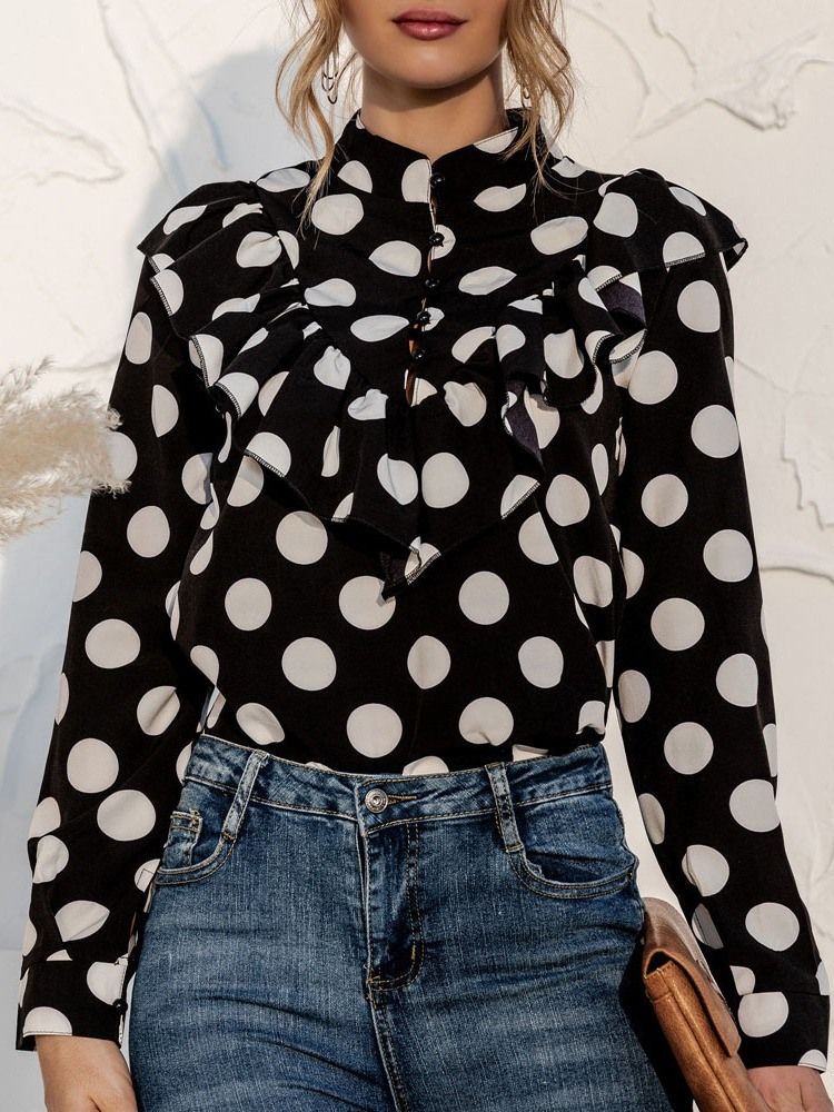 Polka Dots Button Normal Standard Långärmad Damblus