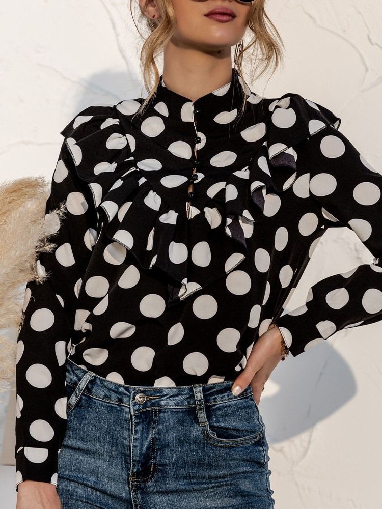 Polka Dots Button Normal Standard Långärmad Damblus