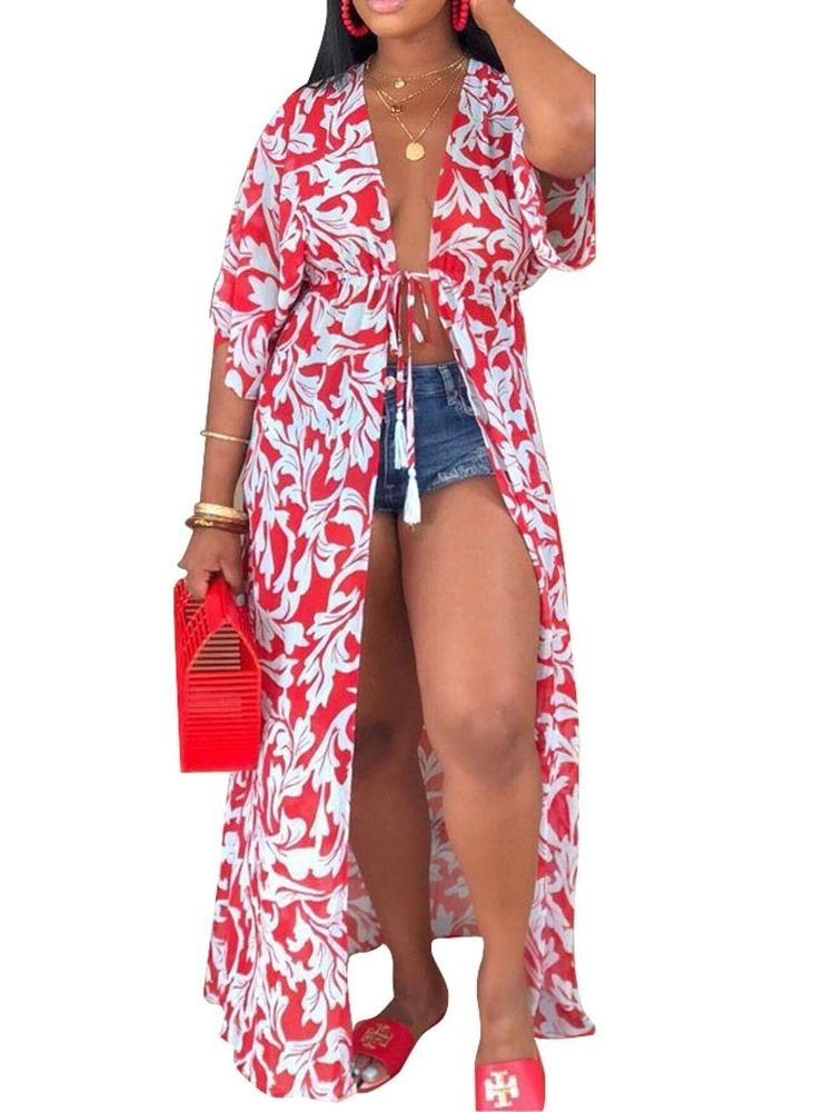 Print Color Block Lång Blus Med Snörning