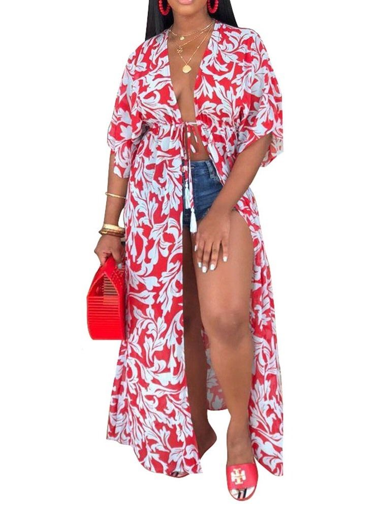 Print Color Block Lång Blus Med Snörning