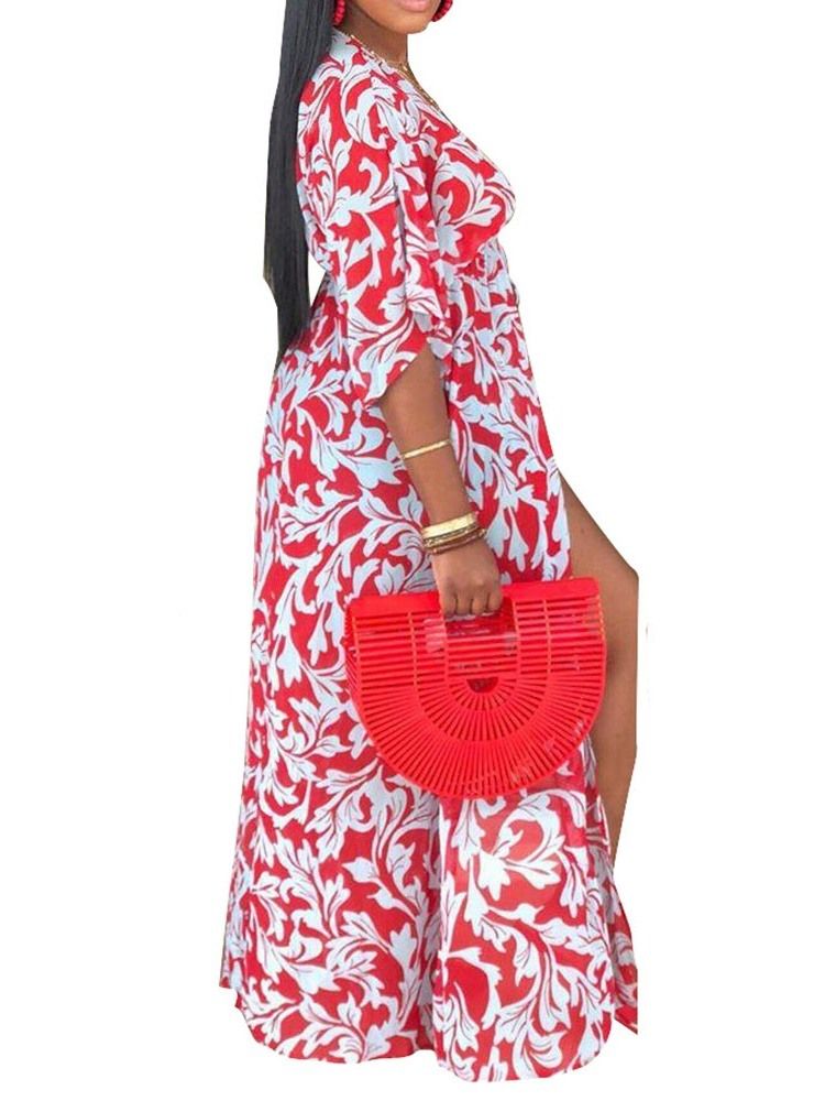 Print Color Block Lång Blus Med Snörning