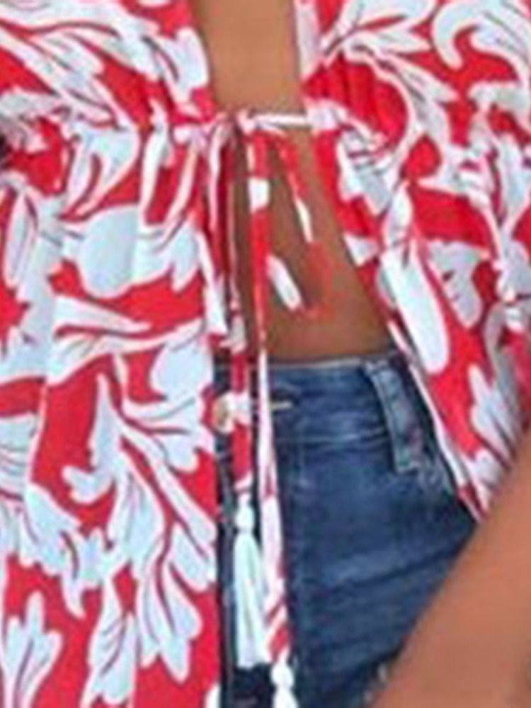 Print Color Block Lång Blus Med Snörning