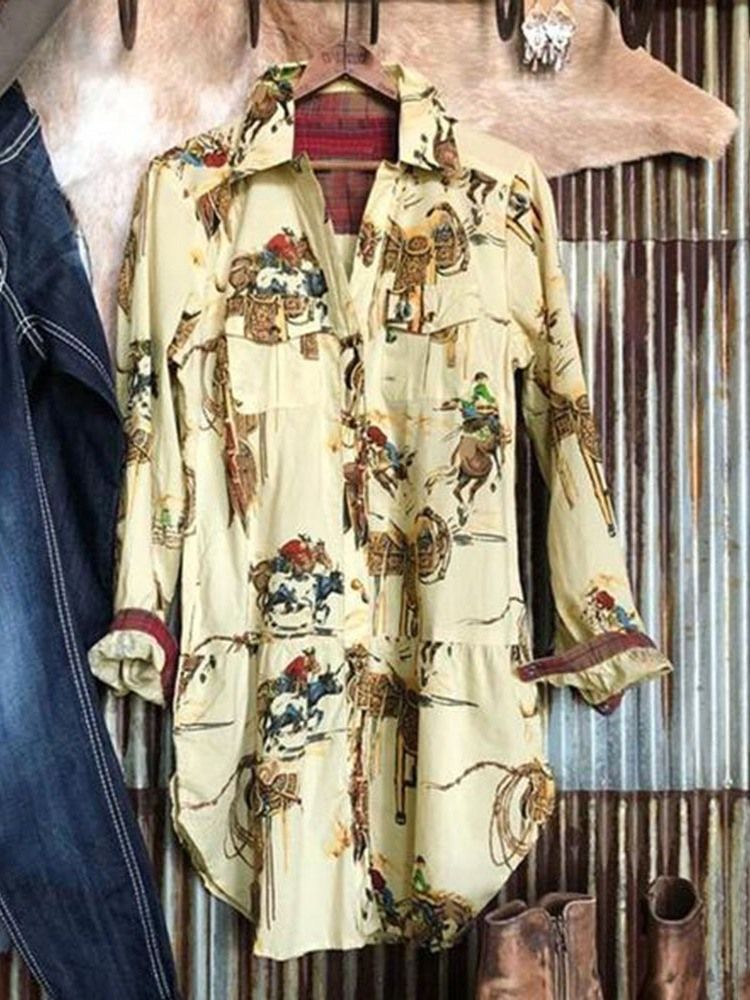 Print Lapel Medellång Långärmad Blus