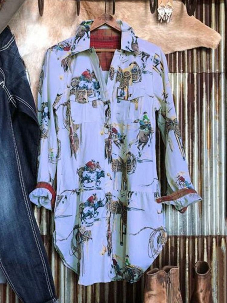 Print Lapel Medellång Långärmad Blus