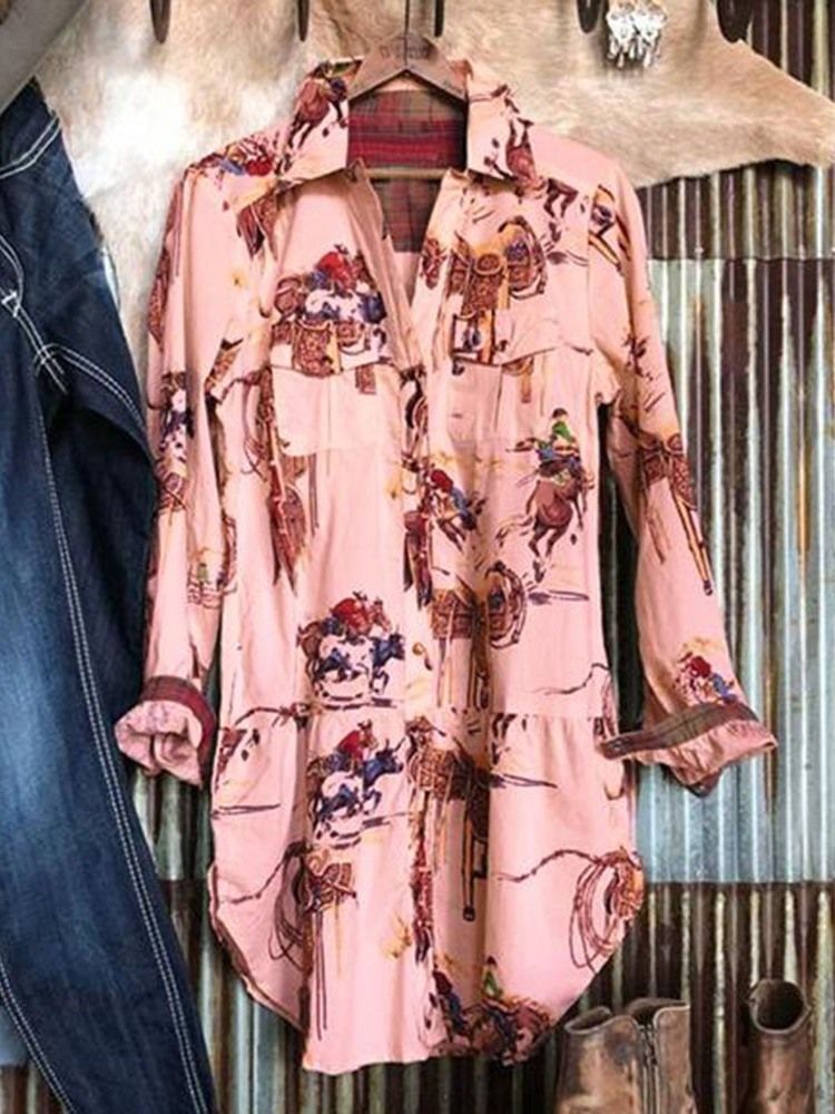 Print Lapel Medellång Långärmad Blus