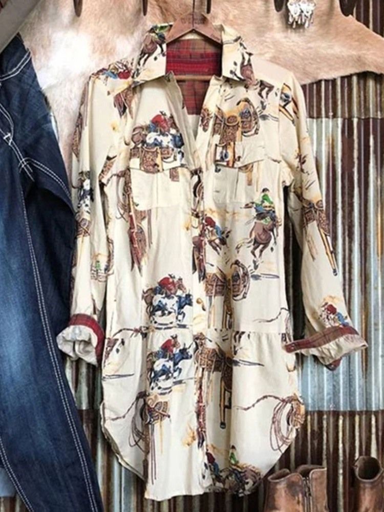 Print Lapel Medellång Långärmad Blus