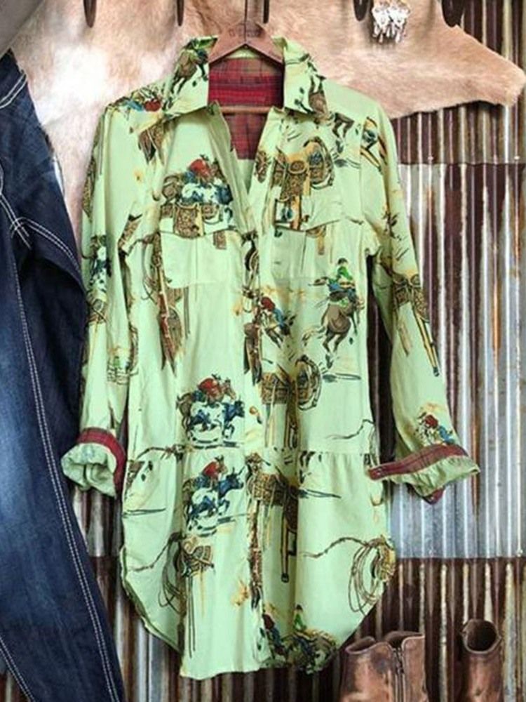 Print Lapel Medellång Långärmad Blus
