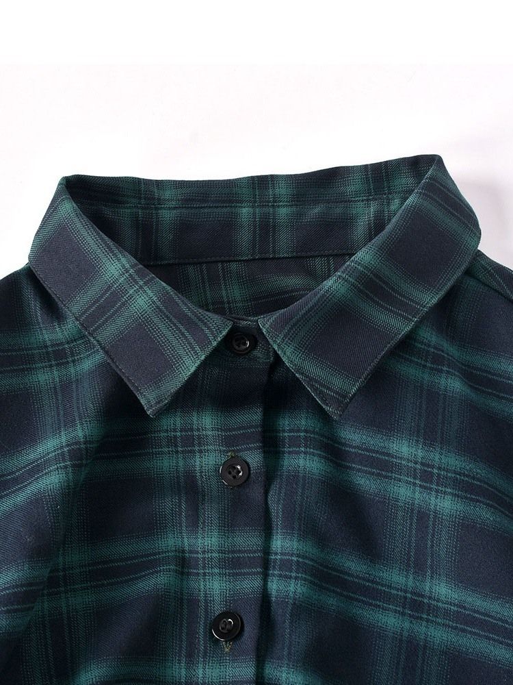Print Lapel Pläd Långärmad Kort Blus