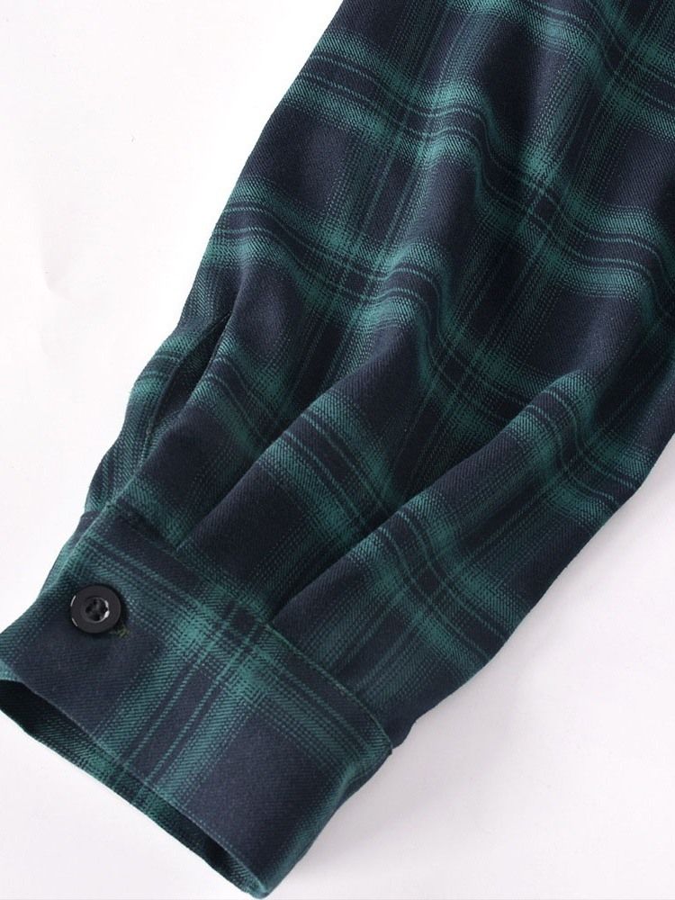 Print Lapel Pläd Långärmad Kort Blus