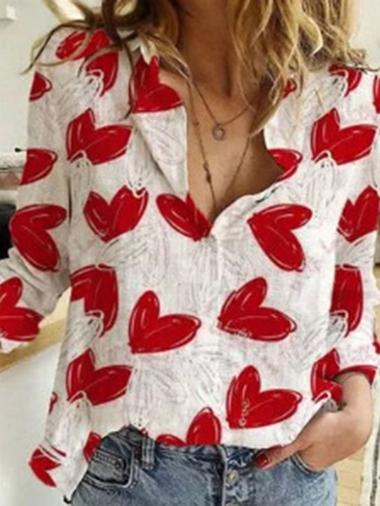 Print Lapel Regular Standard Långärmad Blus För Kvinnor