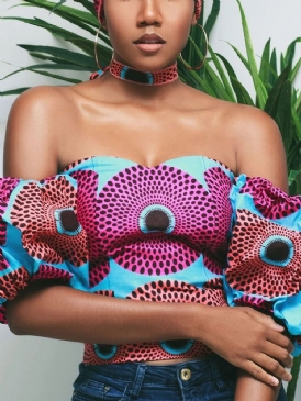 Print Off Shoulder Polka Dots Kortärmad Damblus