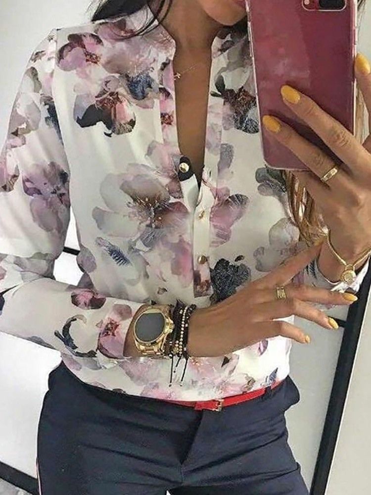 Print Stand Collar Color Block Button Blus
