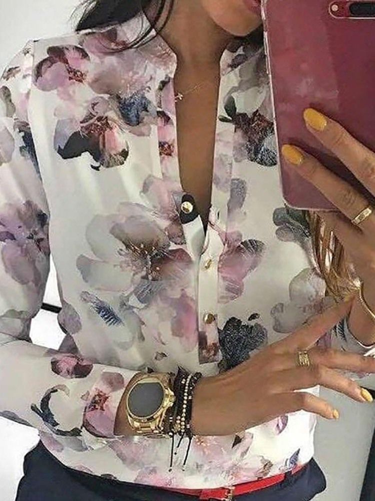 Print Stand Collar Color Block Button Blus