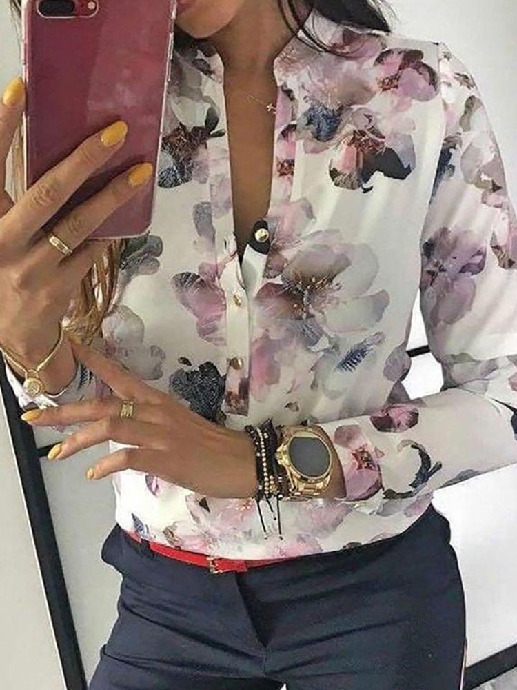 Print Stand Collar Color Block Button Blus
