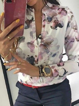 Print Stand Collar Color Block Button Blus