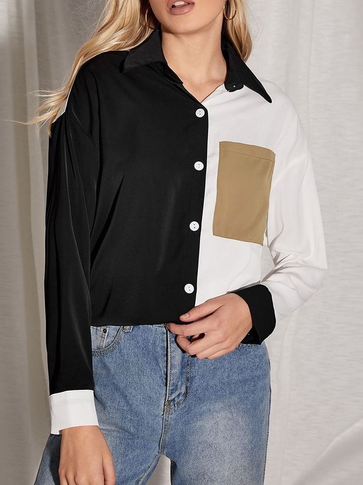 Regular Color Block Pocket Långärmad Mellanlång Blus