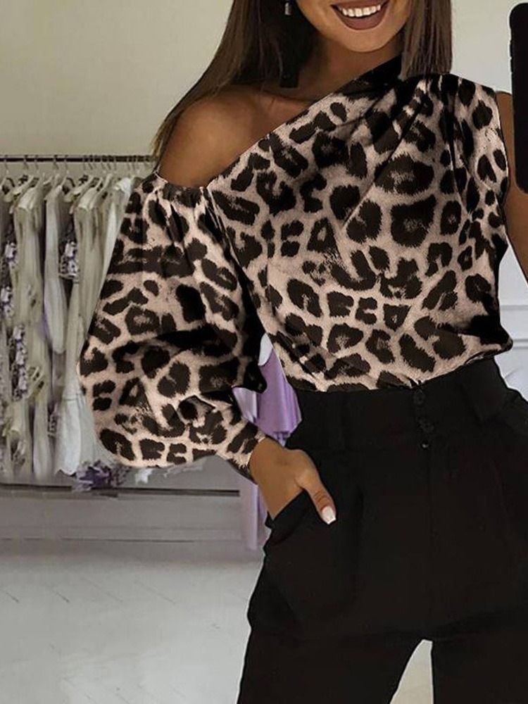 Snedkrage Leopard Asymmetrisk Mellanlång Långärmad Blus För Kvinnor