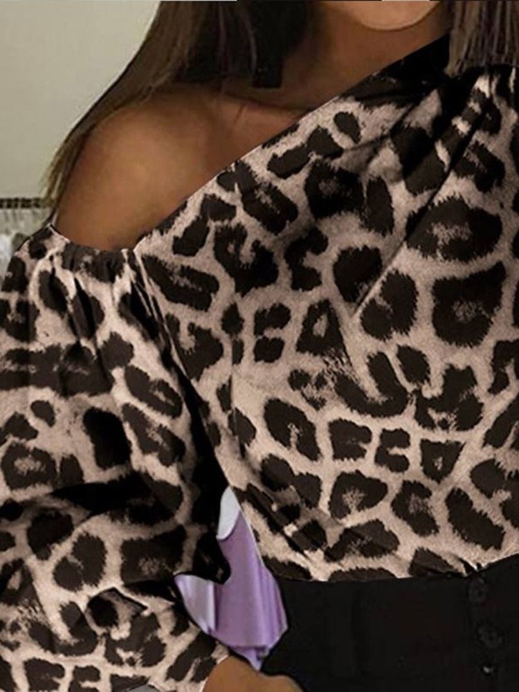 Snedkrage Leopard Asymmetrisk Mellanlång Långärmad Blus För Kvinnor
