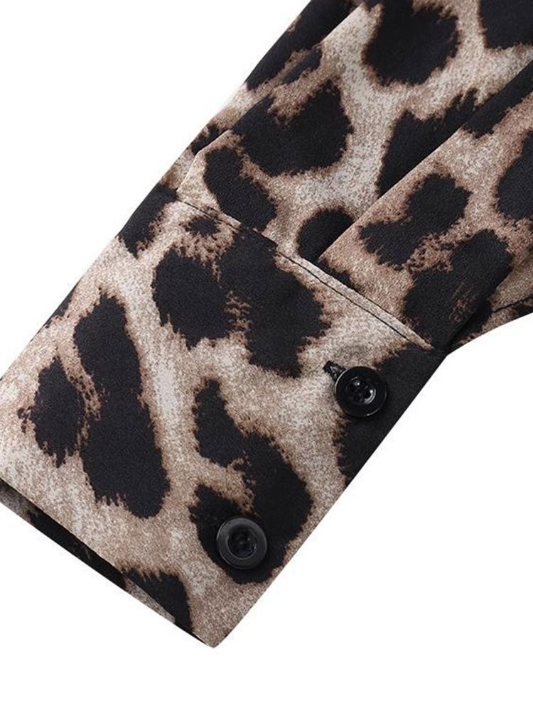 Snedkrage Leopard Asymmetrisk Mellanlång Långärmad Blus För Kvinnor