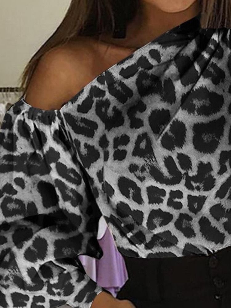 Snedkrage Leopard Asymmetrisk Mellanlång Långärmad Blus För Kvinnor