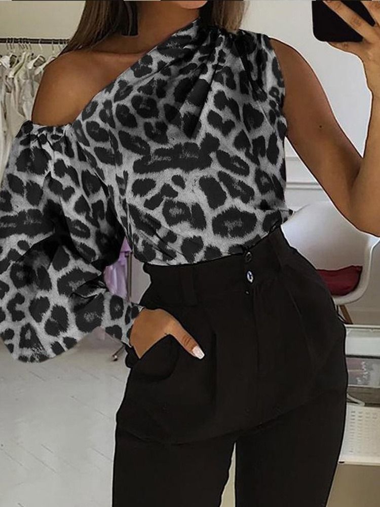 Snedkrage Leopard Asymmetrisk Mellanlång Långärmad Blus För Kvinnor