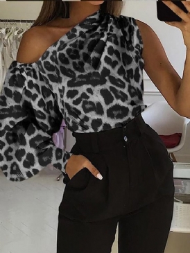 Snedkrage Leopard Asymmetrisk Mellanlång Långärmad Blus För Kvinnor