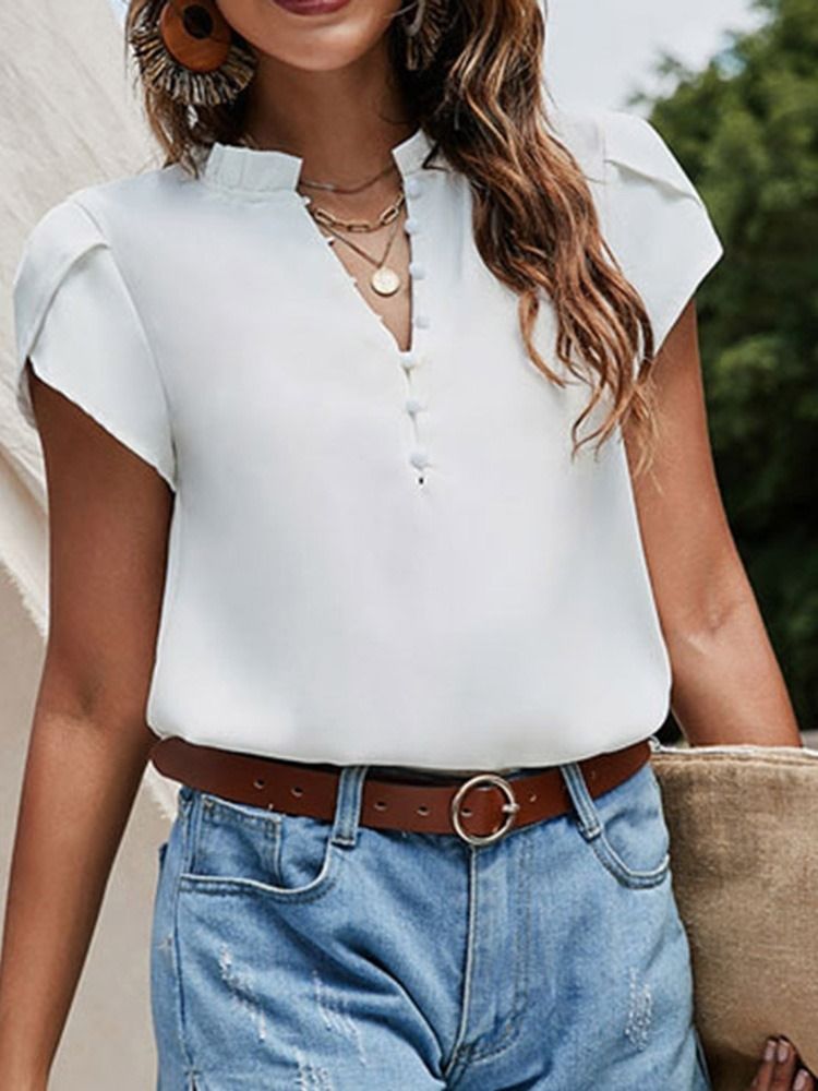 Stringy Selvedge Stand Krage Vanlig Standard Kortärmad Blus