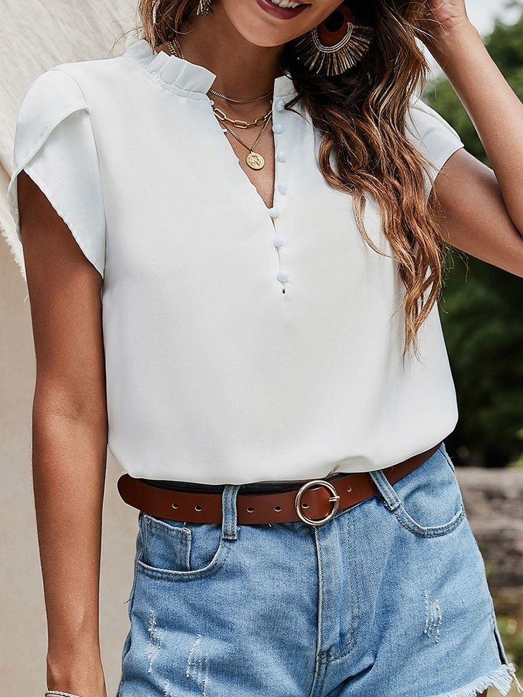 Stringy Selvedge Stand Krage Vanlig Standard Kortärmad Blus