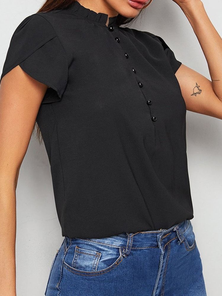 Stringy Selvedge Stand Krage Vanlig Standard Kortärmad Blus
