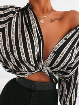 Stripe Print Lapel Långärmad Kort Damblus