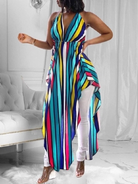 Stripe Print V-Neck Kvinnors Ärmlös Lång Blus