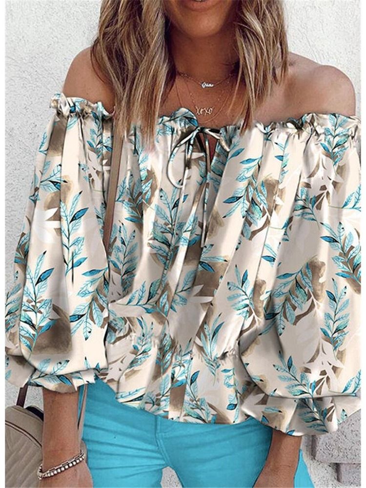 Tryck Blommig Off Shoulder Medellång Niopunktsärmad Damblus