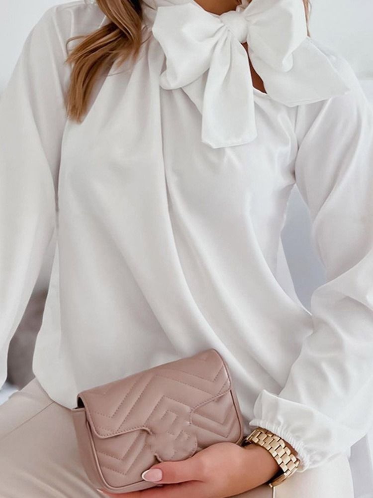 Turtleneck Plain Bowknot Standard Långärmad Blus