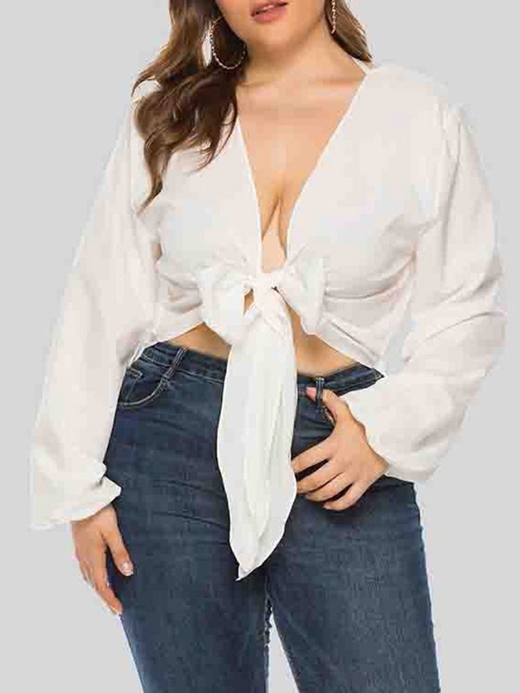 V-Ringad Bowknot Lantern Sleeve Långärmad Kort Damblus