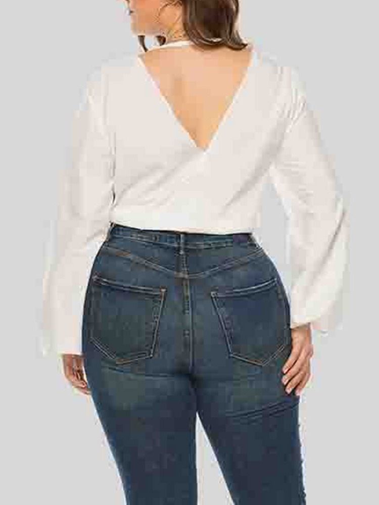 V-Ringad Bowknot Lantern Sleeve Långärmad Kort Damblus