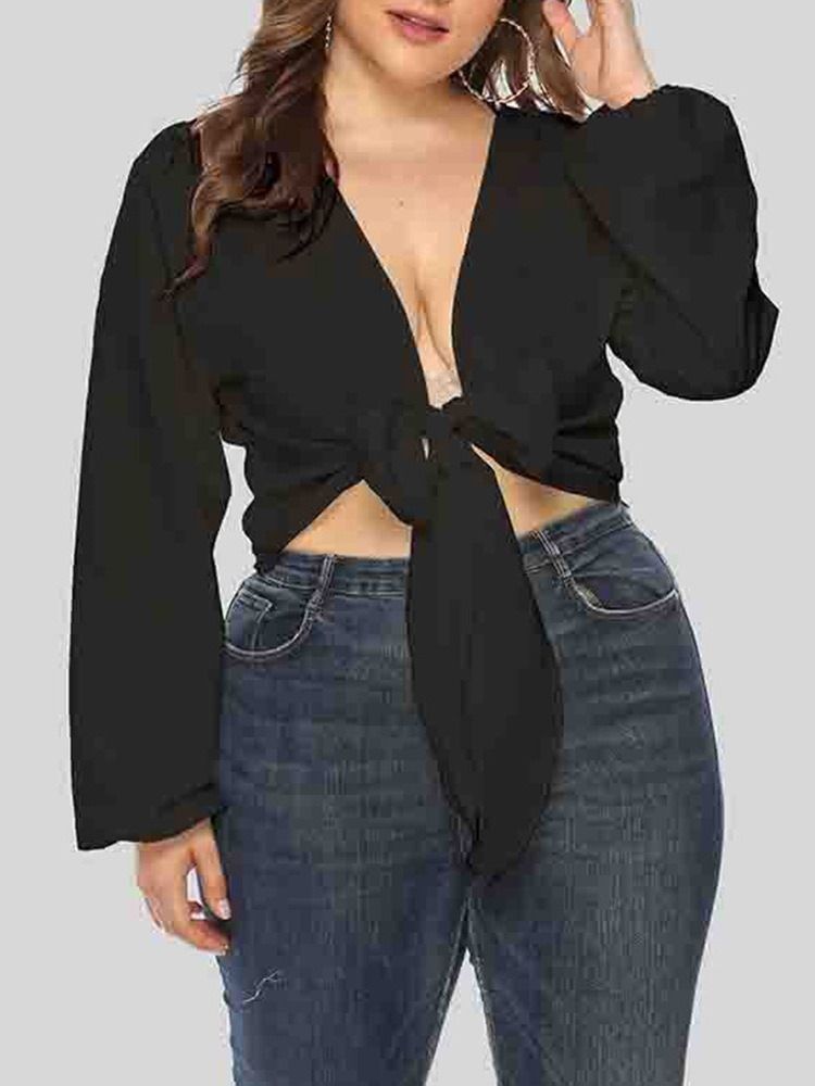 V-Ringad Bowknot Lantern Sleeve Långärmad Kort Damblus