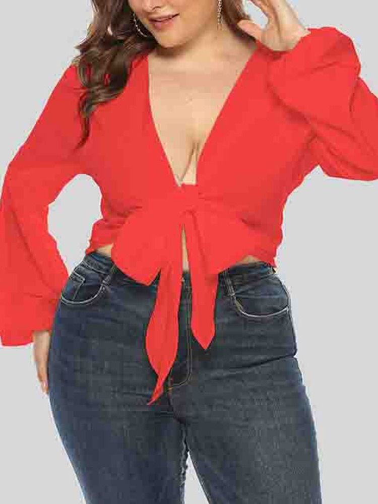 V-Ringad Bowknot Lantern Sleeve Långärmad Kort Damblus