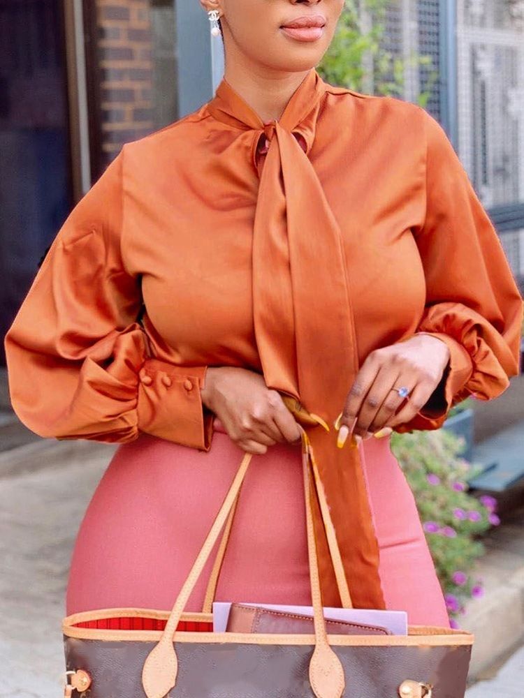 Vanlig Bowknot Ståkrage Standard Långärmad Blus