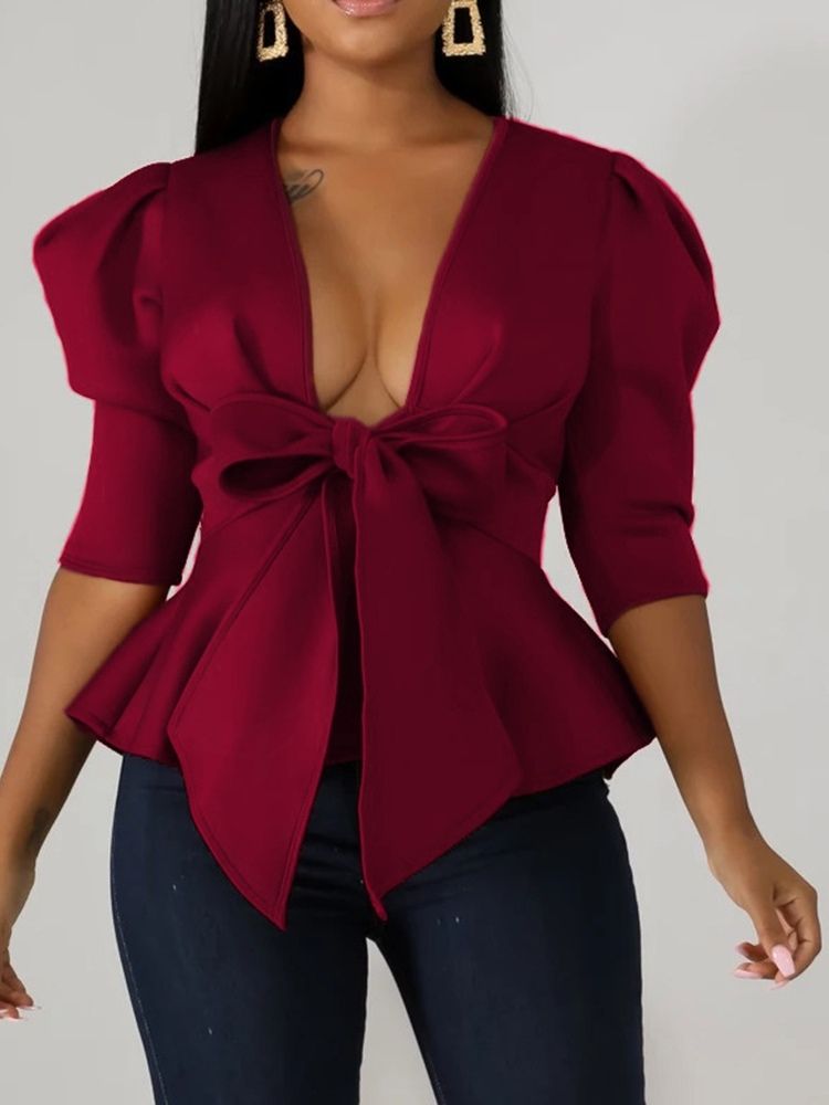 Vanlig Bowknot Vanlig Tre-Kvartsärm Standardblus