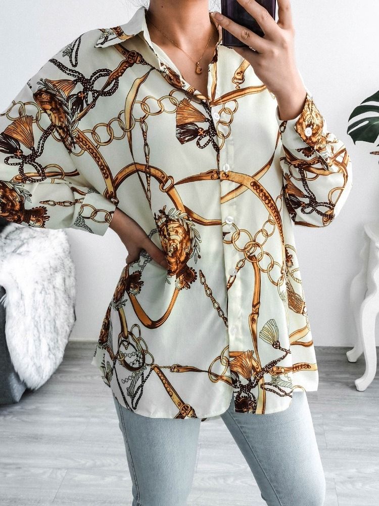 Vanlig Geometriskt Lapel Långärmad Mellanlång Damblus