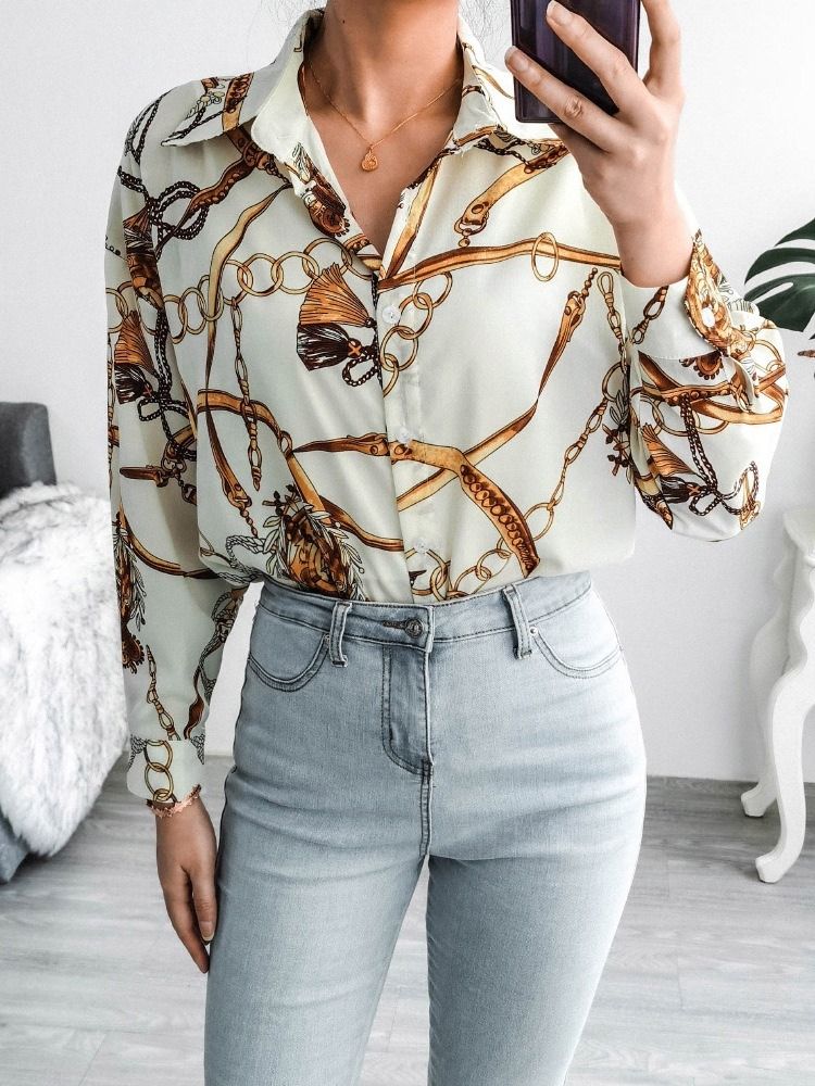 Vanlig Geometriskt Lapel Långärmad Mellanlång Damblus