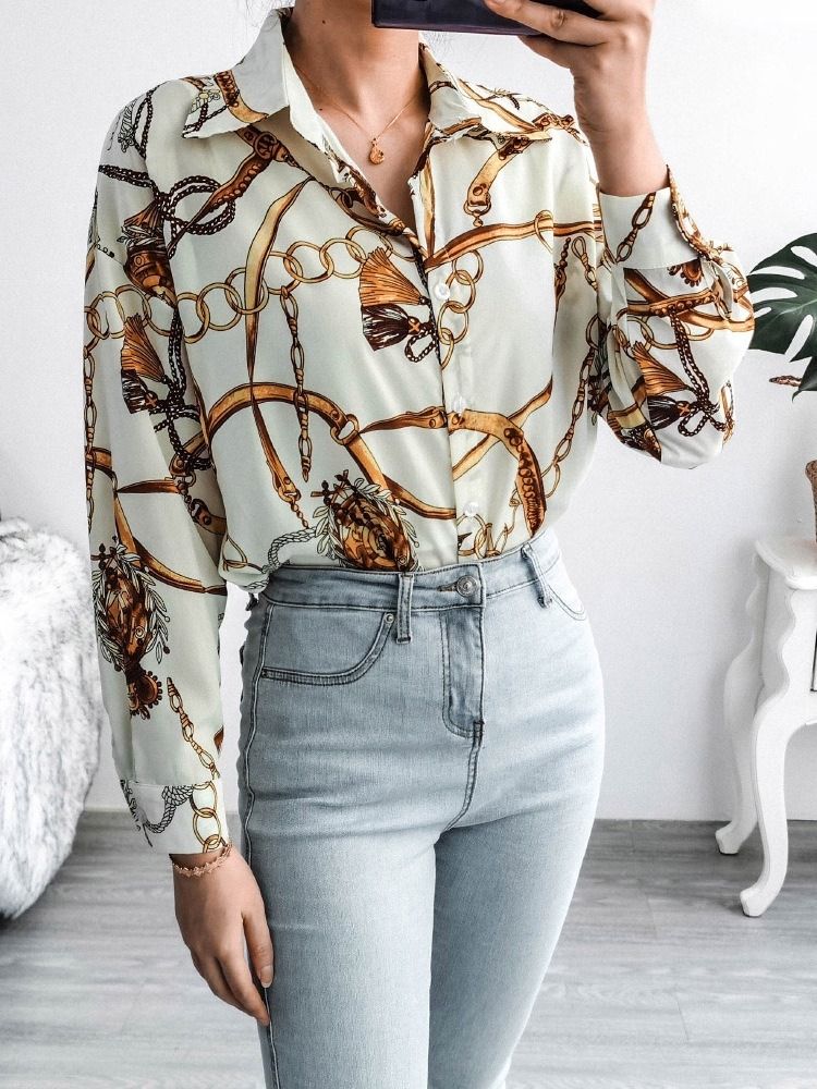 Vanlig Geometriskt Lapel Långärmad Mellanlång Damblus
