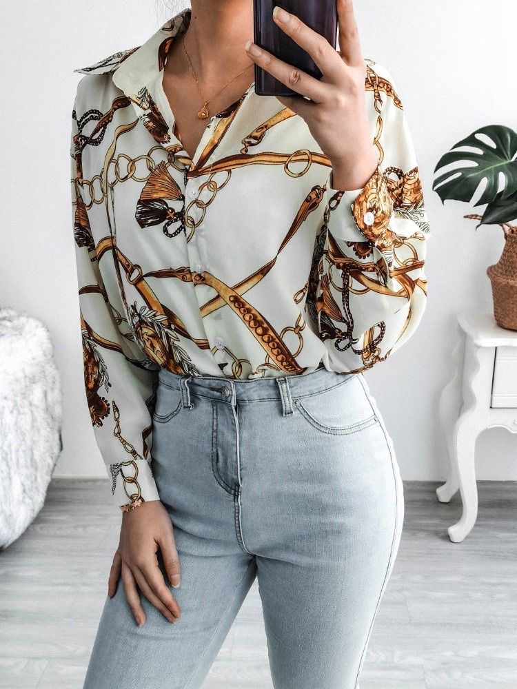 Vanlig Geometriskt Lapel Långärmad Mellanlång Damblus