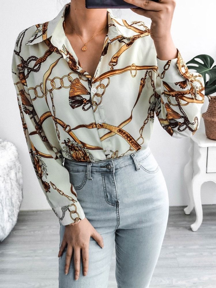 Vanlig Geometriskt Lapel Långärmad Mellanlång Damblus