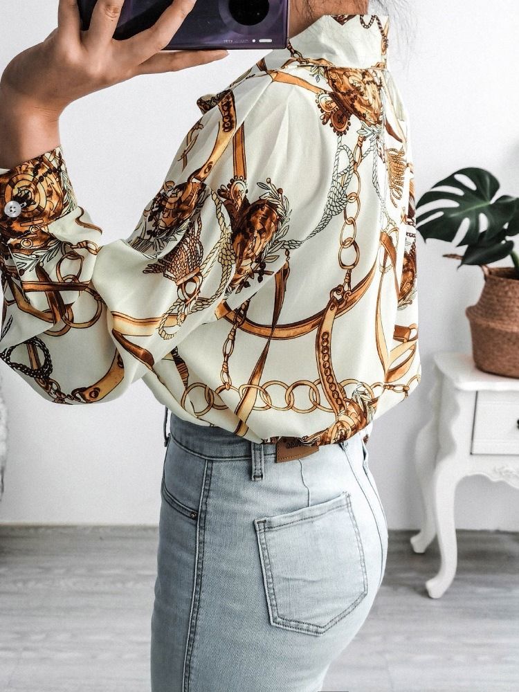 Vanlig Geometriskt Lapel Långärmad Mellanlång Damblus