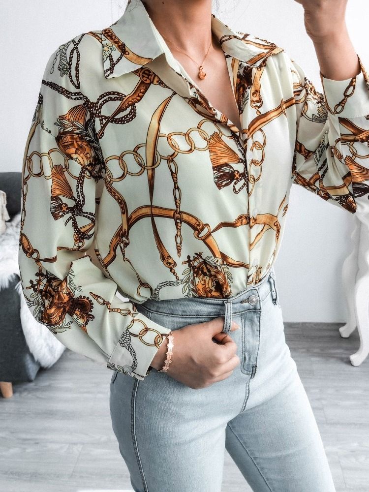 Vanlig Geometriskt Lapel Långärmad Mellanlång Damblus
