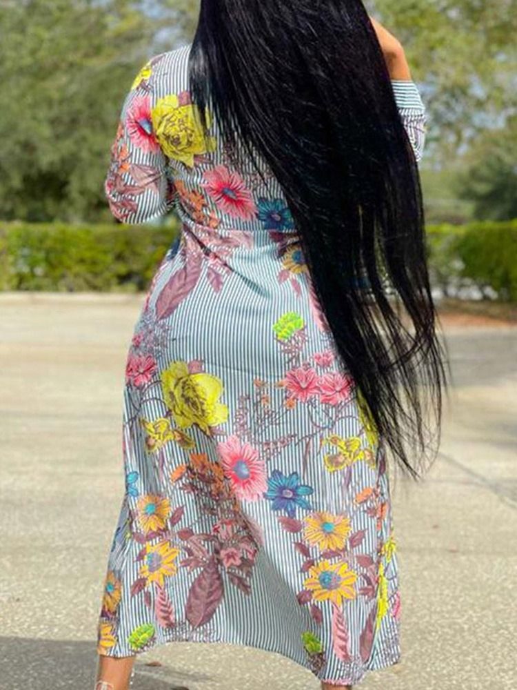 Vanlig Lapel Blommig Långärmad Lång Blus För Kvinnor