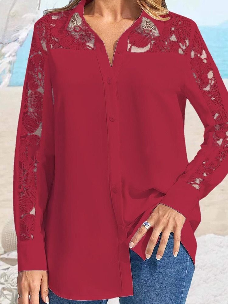 Vanlig Lapel Patchwork Långärmad Mellanlång Blus